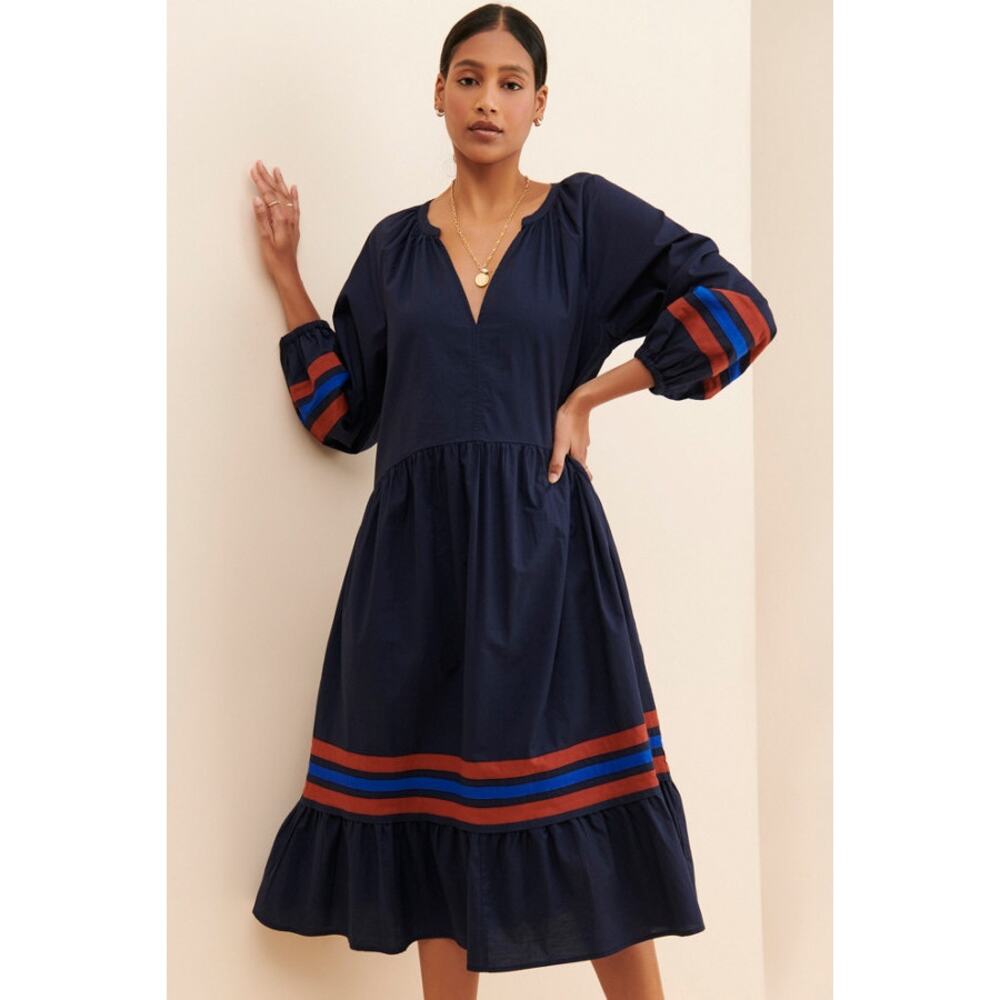 SUNDRY Varsity Stripe Navy Blue Balloon Sleeve Midi Dress Athletic Size 1 Small